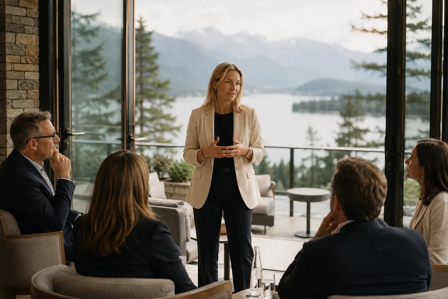 Séminaire de coaching de dirigeants face à un panorama de montagne