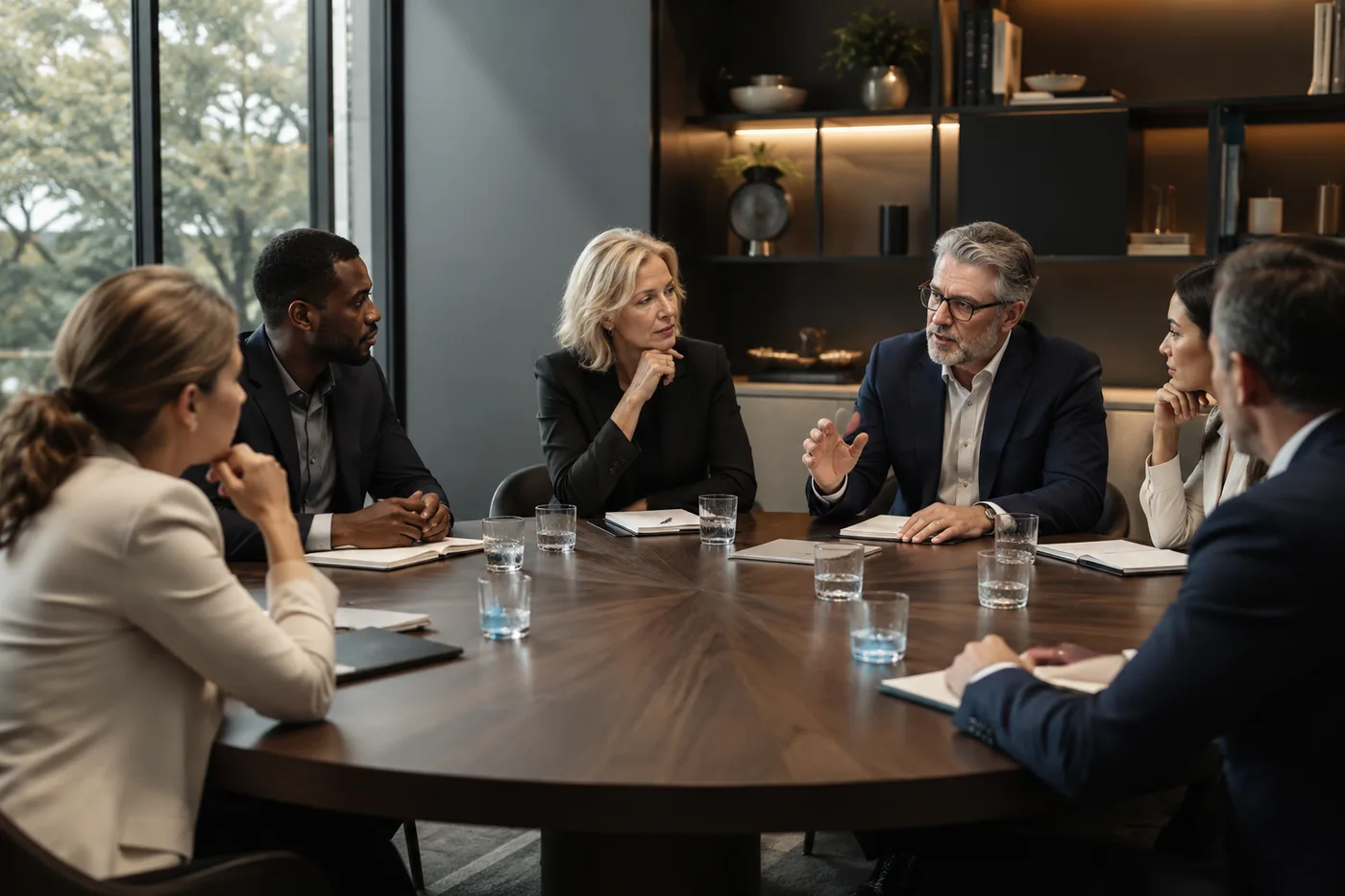 Comité de direction réuni autour d'une table ronde avec un coach