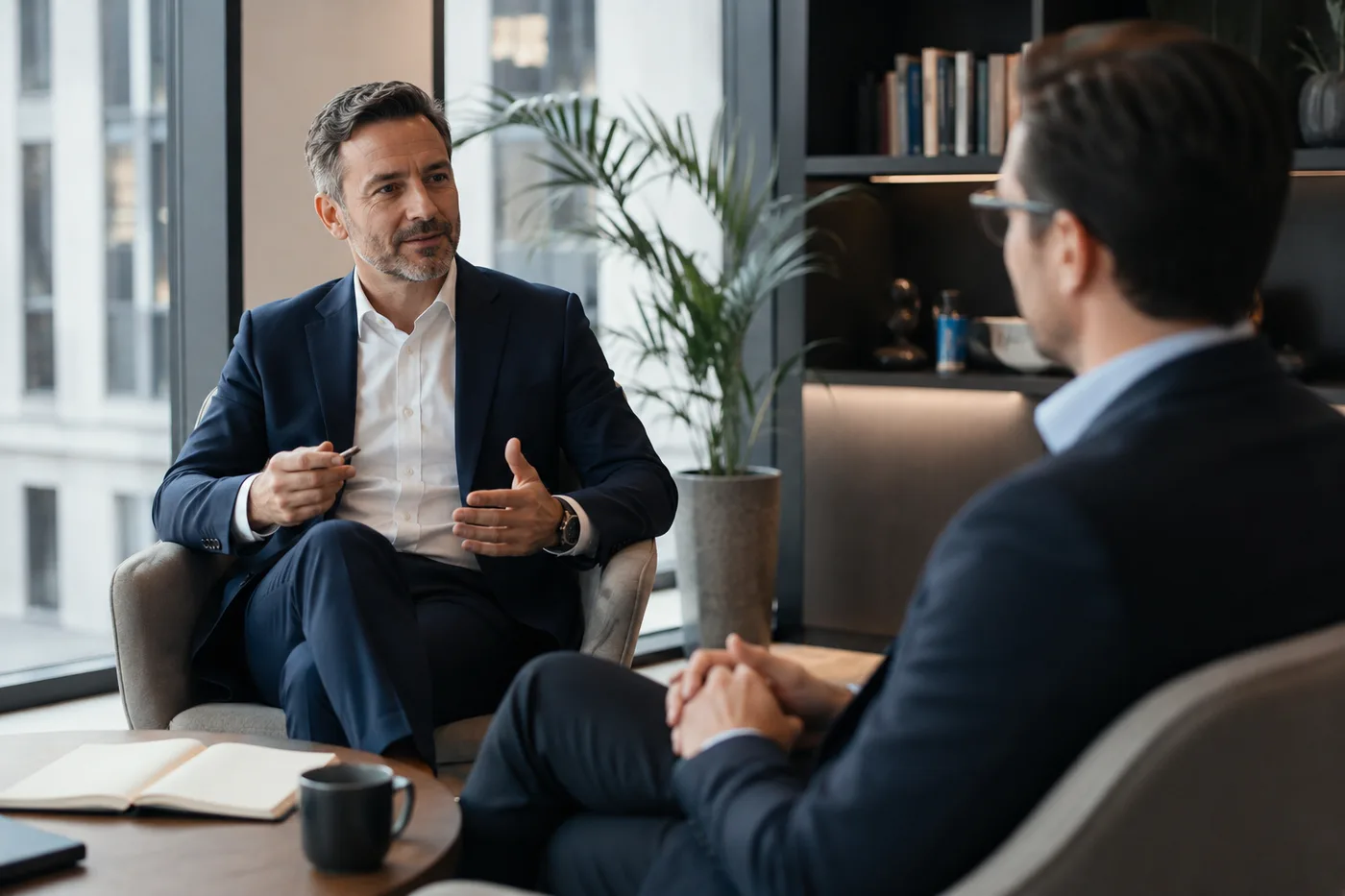 Séance de coaching individuel entre un dirigeant et son accompagnant